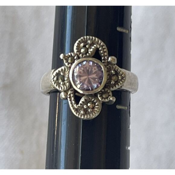 Vintage Amethyst 925 Sterling Silver Art Deco Style Marcasite Ring Size 5.75 - Picture 6 of 7